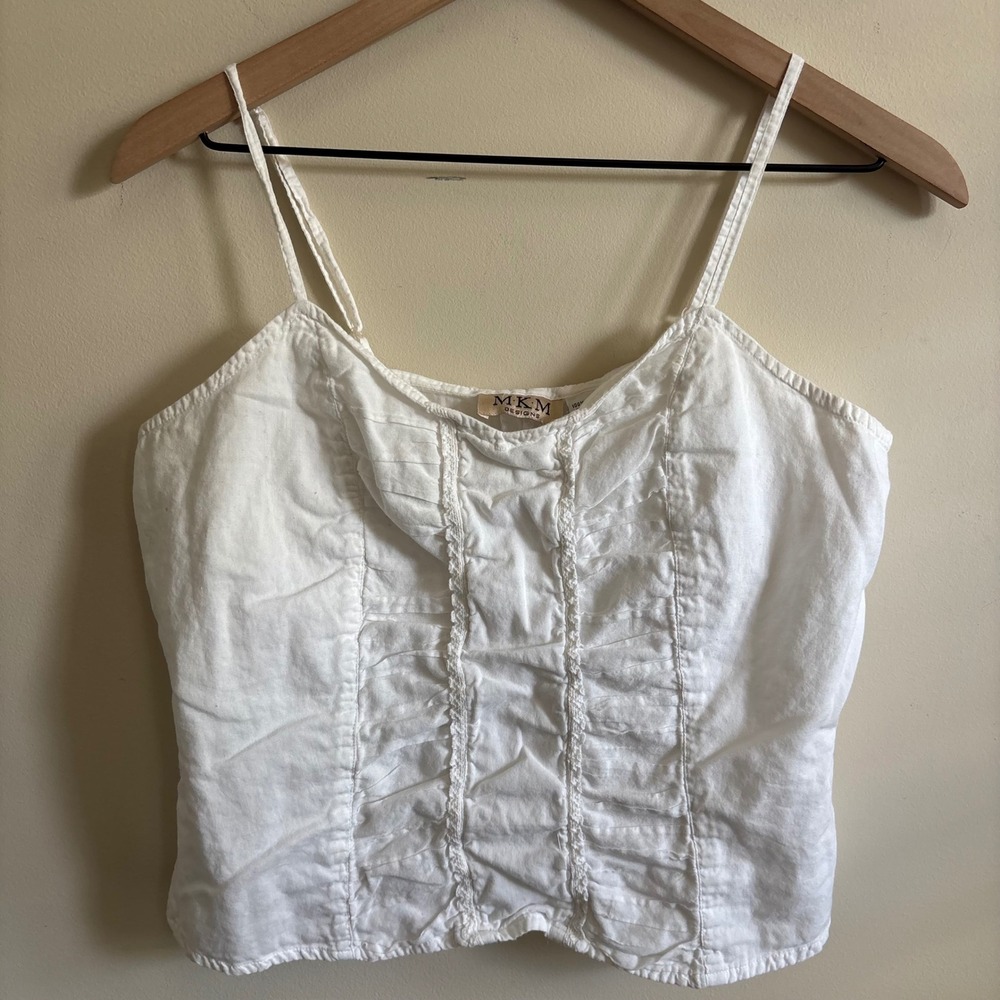 MKM Designs White Cotton Ruched Lace Trim Cami Top Large